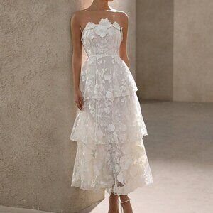 White Elegant Women's 3d Floral Decor Strapless Party Dress